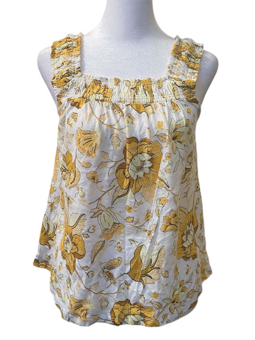 LOFT Yellow and White Floral Smocked-Strap Tank Top Sz XS